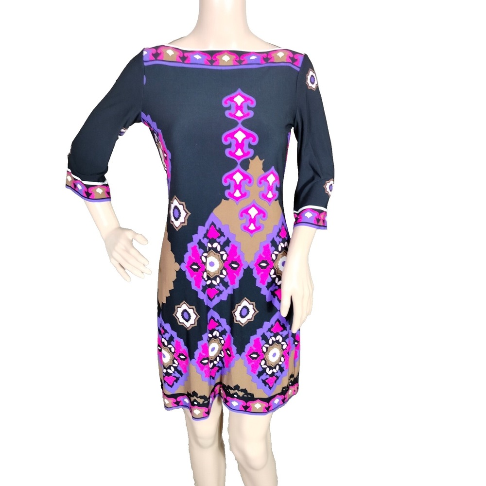Donna‎ Morgan Dress Womens Size 2 Black 3/4 Sleeve Boat Neck Floral Geometric
